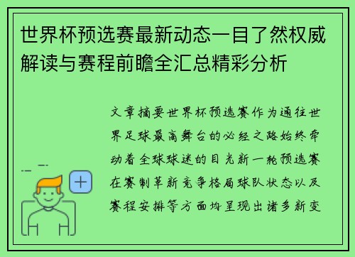 世界杯预选赛最新动态一目了然权威解读与赛程前瞻全汇总精彩分析
